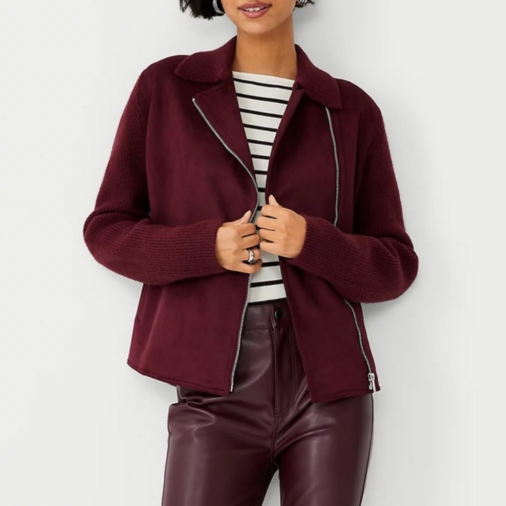 Ann Taylor Women Sz small Faux Suede Burgundy Moto Jacket fall winter casual